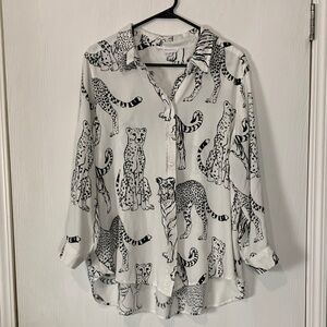 Jane and Delancey White Button Down Shirt with Black Leopard Print